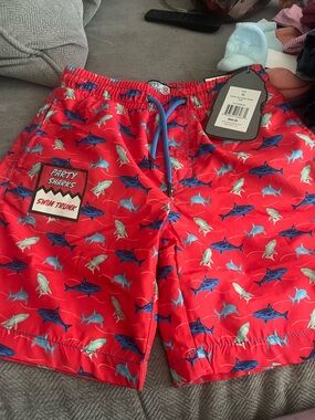 Red Shark Print Swim Trunks